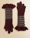 A warm pair of gloves is knit in a colorful Fair Isle design with extra-long cuffs for stylish heritage flair.Extra long, pointelle-knot ruffled cuffsOn-seam button-and-loop closureFully lined85% cotton/15% merino woolHand washImported
