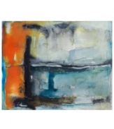 The gateway to modern decor, this abstract wall art inspires creativity in any setting. Splashes of tangerine mingle with strokes of black, blue and gray on gallery-wrapped canvas. By artist Michelle Oppenheimer.