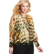 Electrify your look with Jessica Simpson's plus size printed blouse, featuring sleeve cutouts.