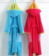 Hooded robes in incredibly soft cotton keep kids toasty warm and extra cute. In bright punch or sky blue with striped pockets and an attached belt that can't go missing.