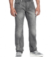 Work hard, play hard: Zip Utility jeans from Sean John that combine classic five-pocket styling with vintage-look distressed denim.