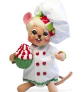Get a little help in the kitchen, in the form of Annalee's sweet mouse figurine. Chef's whites with Christmas trim and a candy-cane-striped cupcake will keep you smiling while you're fixing a feast.