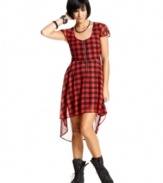 Plaid to the bone: classic print meets modern style in this high-low chiffon dress from Material Girl!