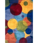 Abstract and absorbing, this rug features a multi-circle pattern in sage, yellow, several shades of blue and burgundy. Reminiscent of beautiful modern art paintings, it adds striking modernity and grace to your home.