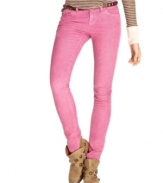 A hot pink color updates these Free People skinny corduroys for a fashion-forward fall look!