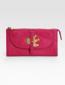 Signature swallow hardware defines this sleek flap-front design, crafted from supple leather.Top-zip closure One outside flap pocket One inside zip pocket One inside open pocket Eight credit card slots Fully lined 7½W X 4H X 1/2D Imported