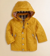 Keep him snug and looking dapper in this classic check-lined, quilted coat with removable hood and lots of pockets.Snap-off lined hoodStand collarLong sleevesSnap front and zip closureTwo zip-up slash pocketsAngled pockets with zip closureFully linedNylonMachine washImported Please note: Number of buttons/snaps may vary depending on size ordered. 