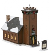 Modeled after The Little Brown Church in the Vale, this historic collectible rounds out the fictitious town of Snow Village with traditional charm. Frosted holiday garland contrasts chocolate-brown siding and an old stone chimney.