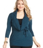 Tie up a chic fall/winter look with AGB's cowlneck plus size sweater, cinched by a belted waist.