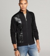 Take a shine to the faux leather panels of this track jacket from INC International Concepts.