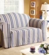 Enliven your living space with the nautical look of the Sure Fit Indigo Stripe slipcover. A no-tie wrap skirt with fitted back elastic offers an air of regality to any hard-to-fit piece.