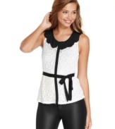 How pretty! A scalloped collar compliments a top of feminine lace, while a ribbon tie-belt shows-off your figure in the subtlest way. From Sequin Hearts.