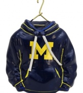 Fitting for Michigan alum, this hand-painted hoodie ornament trims the tree in Wolverines maize and blue. Glitter amps up the school and holiday spirit.