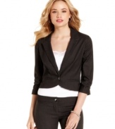 BCX updates the classic pinstripe blazer with three-quarter sleeves and chic, cropped design!