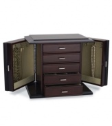 A rich mahogany finish lends sophistication to this fabulous, functional jewelry chest. Compartments in each drawer keep earrings, bracelets and pins organized while side doors open to expose necklace hooks and pocket shelves. Also features an imitation-suede interior in aloe.