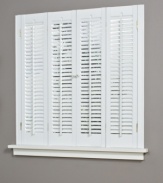 Dress up your windows with the Traditional faux wood shutter. An effortless way to add classic style to any space, it features slim slats which allow for just the right amount of filtered light and a convenient hook latch to keep two shutters closed.