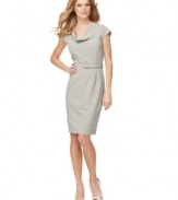 Redefine power dressing in this polished Calvin Klein dress featuring a softly draped cowl neckline and waist-nipping belt.