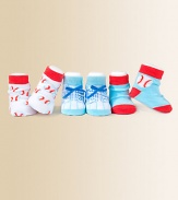 Three colorful pairs of multi-patterned, baseball-themed socks.80% cotton/17% acrylic/3% spandexMachine washImported