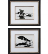 Get your redecorating project off the ground with black and white airplane prints. Matted and framed in satin black with a champagne-silver edge, this ready-to-hang wall art recalls another era in navigation with refined style.