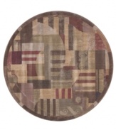 The round shape of this rug creates a distinctive look. A modern design of animated beauty, this rug renders columns in an abstract collage of rectangles accented with graceful curvilinear details. A cool green palette is tinged with warm hues of brown. Woven of premium Opulon(tm) yarns to create a lavish pile with a rich, color-enhancing finish.