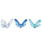 Faceted crystal butterflies in three shades of blue work as a trio or individually to freshen up a room. Perch on a potted plant, armoire or bookshelf.