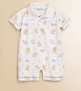 Friendly animals on lightweight cotton will help keep your little guy comfortable as he explores throughout his day. Solid notch collarSnap front closureShort sleevesSnap bottomContrast stitch trim at the cuffs and legsPima cottonMachine washImported