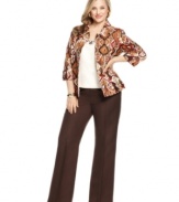 An ikat-inspired printed jacket and a bit of beading at the neckline of the coordinating top give this plus size suit from Tahari by ASL suit fashionable flair.