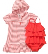 In or out of the water, she'll be stylish and comfortable with this bright swimsuit and hooded cover up set from Carter's.