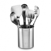 This stainless steel 6 piece Calphalon utensil set with a utensil crock holder includes all the essential utensils for your kitchen: spoon, slotted spoon, large turner, small slotted turner, and a pasta fork. Features a durable, lustrous 18/10 stainless steel that will not rust. Grip-anywhere handles feature heat-resistant soft-touch silicone for more comfort and control. Silicone is heat resistant to 500 degrees F. Dishwasher safe. Lifetime Warrantied.