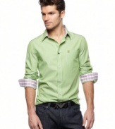 Roll up in style. The contrast cuffs on this shirt from Armani Jeans raise the bar for style.