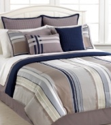Calm, cool and collected. This jacquard woven La Fauburg comforter set offers modern stripes and distinct textures in a soothing palette of blues, greys and tans. Coordinating bedskirt, European shams and decorative pillows complete this decidedly serene atmosphere.
