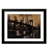 A New York icon, the Brooklyn Bridge adds a dark, mysterious air to modern homes. Black, gray and gold tones evoke summer sunsets over Lower Manhattan. A thick black frame and white mat maintain a cool, sleek aesthetic.
