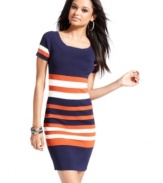 Bright stripes totally punches-up this fitted, short sleeve dress from Baby Phat. Finish the look with your fun statement jewelry and a pair of strappy heels!
