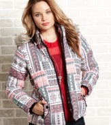 Slip into Me Jane's hooded, fair-isle-print puffer for a get-up-and-go jacket that's fun and fresh.