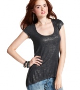 Metallic sheen and a sloping, high-low hem come together on a tee that perfects your street style! From Eyeshadow.