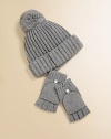 A classic kids' hat in a warm, weighty wool-blend from Italy, with a toasty turn-back cuff and a giant pompom on top.Allover ribbingTurn-back edge40% wool/28% rayon/15% nylon/10% cashmere/7% angoraDry cleanImported