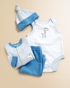 You will love your little one in this matching four-piece bodysuit, jacket, pants and hat set adorned with darling, embroidered giraffes and colorful stripes. Bodysuit Envelope necklineSleevelessBottom snaps Cardigan CrewneckLong sleevesSnap front Pants Elastic waistbandCottonMachine washImported Please note: Number of snaps may vary depending on size ordered. 