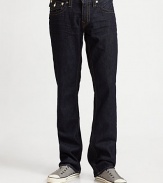 A relaxed fit with modern sensibilities, rendered with back flap pockets in inky, hand-sanded denim. Five-pocket styleStitched flap back pocketsInseam, about 34CottonMachine wash Made in USA 