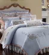 A delicate cutwork design in a taupe hue embellishes a cool blue background in this Rutledge bedding collection from Lenox for a truly traditional air. Sham, comforter and bedskirt are edged with decorative trim for added style.