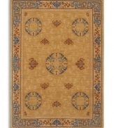 Porcelain blues blend with cinnabar browns on this exquisite Karastan rug. Framed in unique fretwork designs, the Mandarin area rug displays a saffron yellow field, speckled with Chinese medallions and stylized bat motifs. Woven from worsted New Zealand wool and luster-washed for extra sheen.