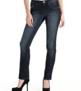 Revive your denim collection with this petite pair of jeans by Earl Jean. A flattering dark wash is faded at the thighs and rhinestones and embroidery highlight the pockets.