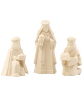 We three kings. The three wise men carrying their gifts of gold, frankincense and myrrh are portrayed in pure porcelain. From Lenox.