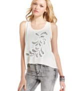 Bring sheer, feminine style to your laid-back jeans ensemble with this lacy, high-low top from Eyeshadow!