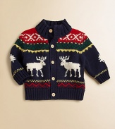 With its classic knit reindeer design, a sweet combed cotton cardigan captures the spirit of the season.Ribbed stand collarLong sleevesButton-frontRibbed cuffs and hemCottonMachine washImported Please note: number of buttons may vary depending on size ordered. 