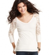 Eyeshadow remixes the classic raglan, joining dainty lace with waffle-knit fabric on a top that's bound to be a favorite this season!