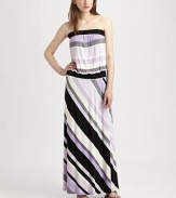 Bold stripes add a graphic charge to this easy-fit strapless jersey shift.Elastic topBlouson bodiceElastic waistbandPull-on styleAbout 39 from natural waist96% rayon/4% spandexHand washMade in USAPlease note: Colors and patterns may vary. Model shown is 5'10 (177cm) wearing US size Small.