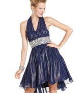 Mesh halter straps and a rhinestone-embellished waist give this glitzy dress from City Triangles a glamorously retro appeal!