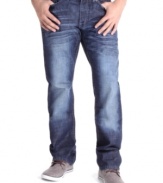 Jeans with a very particular patina: Royal Premium Denim's five-pocket jeans with the kind of sun-faded contrast wash and wrinkle treatment that makes them look like old favorites.