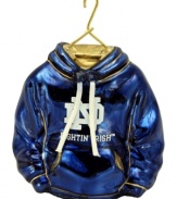 Fitting for Notre Dame alum, this hand-painted hoodie ornament trims the tree in Fighting Irish style. Glitter amps up the school and holiday spirit.