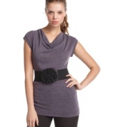 Proof that cozy can be flattering, this belted cowl neck top from BCX features a sweet fitted silhouette in oh-so-soft and stretchy material. A bold flower belt cinches the look to perfection.